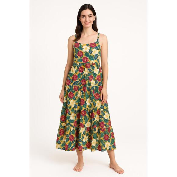 DlP Dress Womens Large Yellow Red Green White Floral Sleeveless Maxi Tiered - Picture 1 of 7